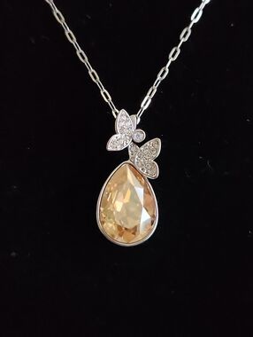 Swarovski Butterfly Teardrop Crystal Pendant Silver Tone Necklace